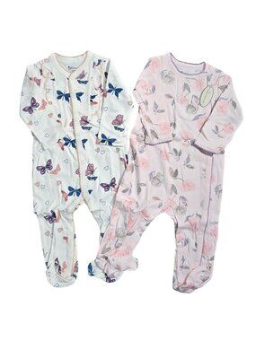 NWT | Minicoco 2-Pair Floral & Butterfly Footed Sleepers | Purple & Pink | 6/9M